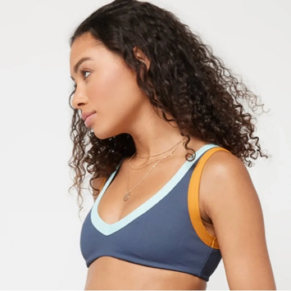 L*Space LaLa Ribbed Pullover Bikini Top in Slate, Light Blue Trim, X-Large, NWT‎